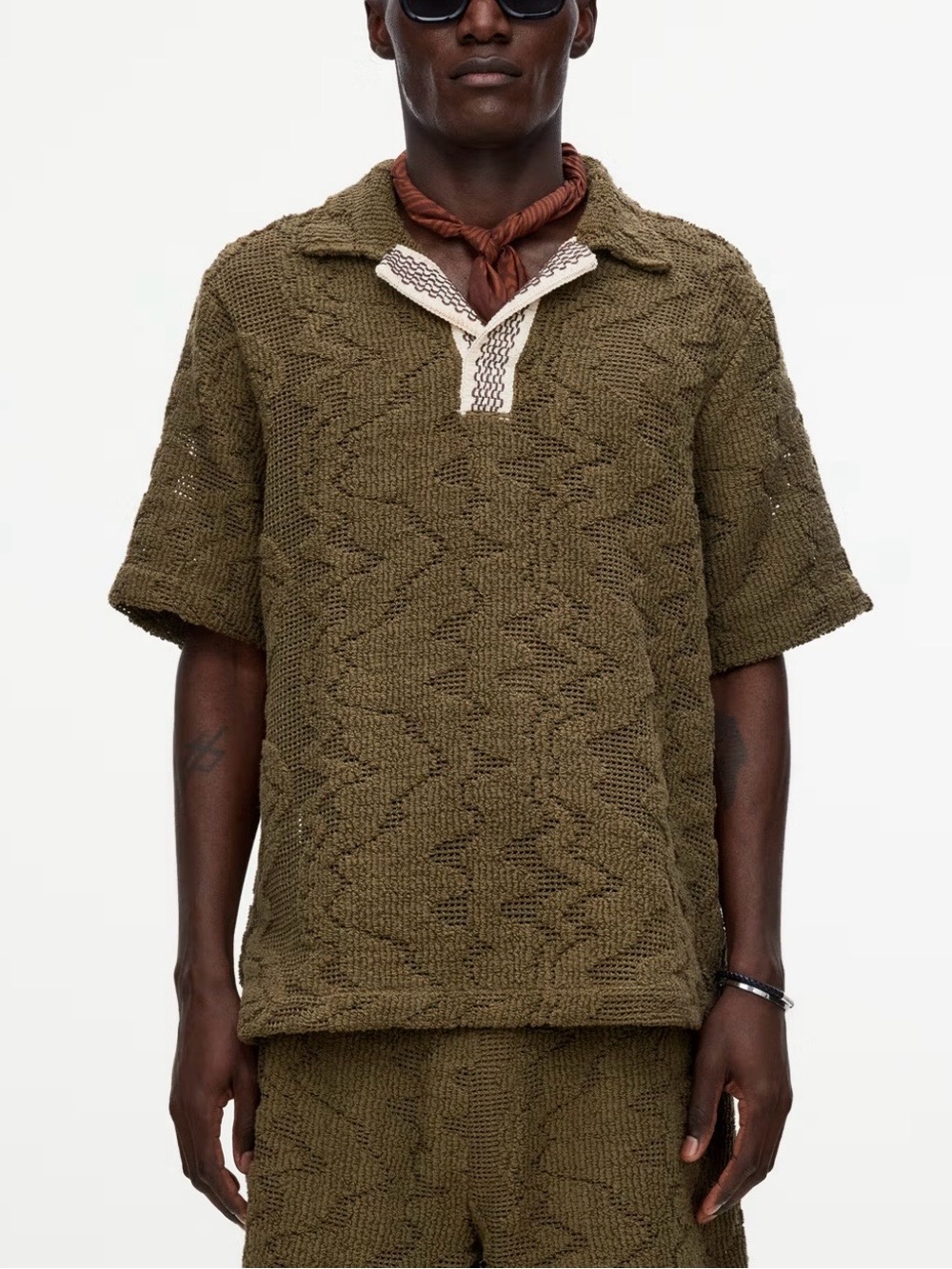 OAS Pine Verve Palmer Crochet polo Shirt with Cream Trim